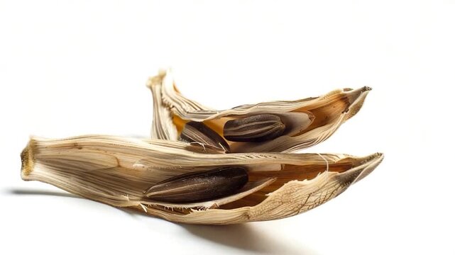 A close-up view of two peeled garlic cloves on a white surface, ideal for food or cooking-related uses