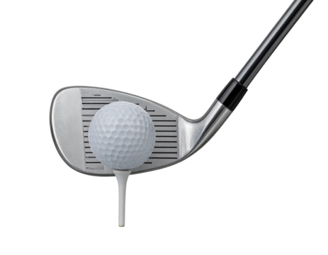 Golf ball on tee and golf club with fairway isolated on a transparent background