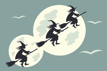 Three witches flying on broomsticks against a large full moon and night sky vector background