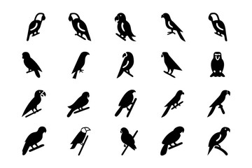 Collection of various bird icons in black silhouette, showcasing different species and poses in a simple, graphic style