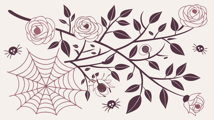 Halloween floral arrangement with roses, spiders, and spiderweb vector background