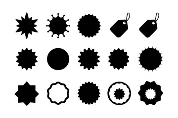 Collection of black starburst and tag icons, representing sale, promotion, and special offer in a simple style
