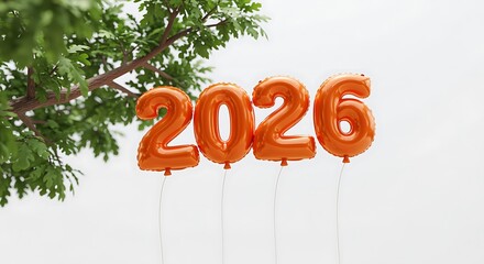 Orange balloons displaying the year 2026 floating outdoors