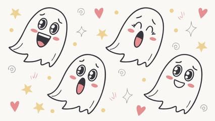 Cute cartoon ghosts with happy and surprised expressions, decorated with stars and hearts vector background