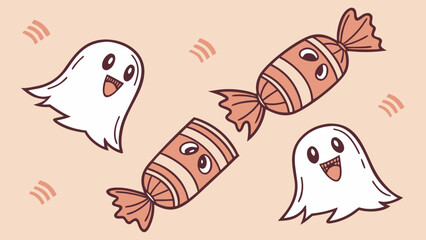 Cute cartoon ghosts and candies for halloween celebration vector background