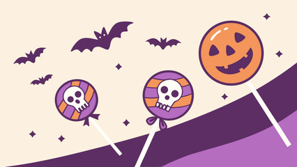 Halloween lollipops with skull and jack o lantern faces and bats flying around vector background