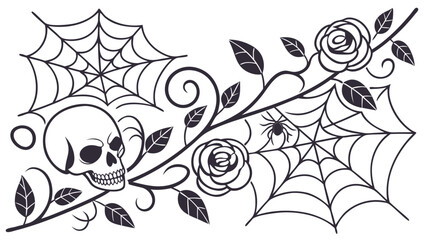 Gothic design with skull, roses, spiderweb, and vine vector background