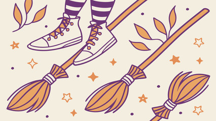 Witch legs wearing striped socks and sneakers flying on a broomstick with leaves and stars vector background