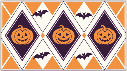 Halloween pattern with pumpkins and bats in diamond shapes vector background