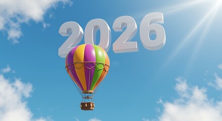Colorful hot air balloon ascends towards the year 2026 in a bright sky