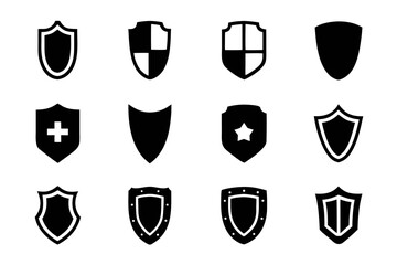 Collection of twelve shield icons in various designs, symbolizing protection, security, and defense, each shield has a unique shape and style