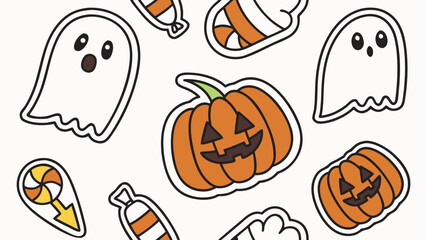 Cute halloween ghost and pumpkin sticker collection vector background