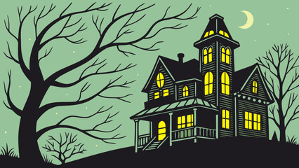 Haunted house with spooky trees and a crescent moon vector background