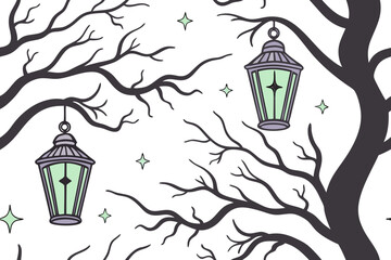 Halloween lanterns hanging from bare tree branches with stars vector background