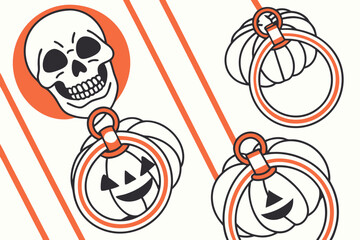 Halloween skull and jack o lantern pumpkin charms with orange stripes vector background
