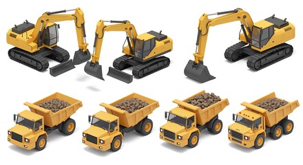 Collection of yellow construction vehicles including excavators and dump trucks