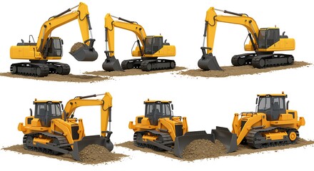 Collection of yellow excavators and bulldozers in various poses on dirt ground