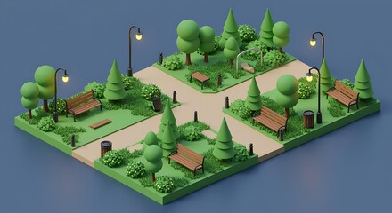Isometric miniature park scene with trees benches and streetlights