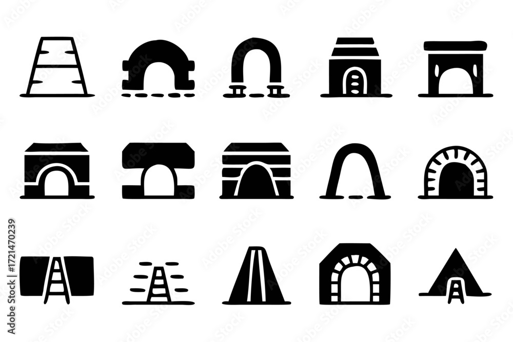 Poster collection of tunnel icons showcasing various designs, from simple arches to more complex structures