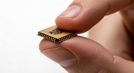 Close up of a person holding a tiny microchip with their fingers