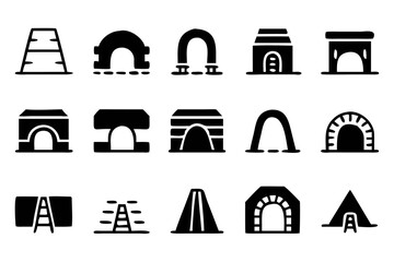 Collection of tunnel icons showcasing various designs, from simple arches to more complex structures, in a clean and modern style
