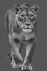 A regal lioness, in grayscale, strides confidently across a neutral backdrop, showcasing detailed fur texture and a powerful stance.