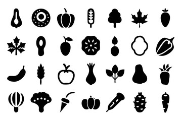 Collection of fruit and vegetable icons showcasing a variety of produce, from common items to more exotic ones, in a clean style