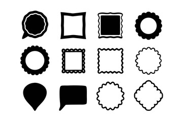 Set of twelve black frames, including round, square, and speech bubble shapes, perfect for design and decoration projects
