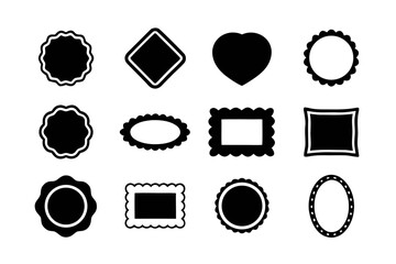 Collection of twelve black frames, featuring diverse shapes like heart, diamond, oval, and rectangle for creative design projects