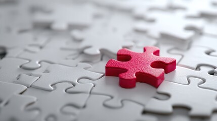 Fototapeta premium Red jigsaw piece stands out on a bed of white puzzle pieces, soft lighting