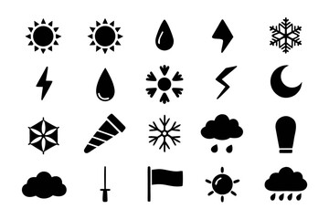 Set of weather icons collection of various weather conditions including sun, rain, snow, wind, and storm symbols