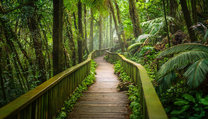 Obraz premium Mysterious Path Through A Lush Tropical Forest Invites Exploration And Curiosity Amid Verdant Greenery And Serene Atmosphere