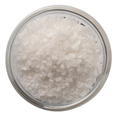 Top view of a glass bowl filled with coarse sea salt crystals. Natural mineral seasoning used for cooking, gourmet recipes, and healthy eating.