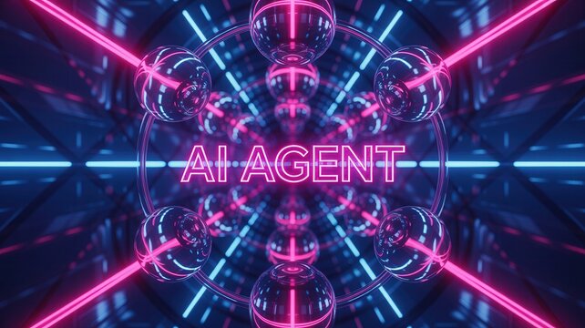 Futuristic AI Agent glowing in neon pink and blue, promising advanced technology, machine learning, and smart automation for your business solutions now