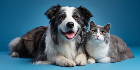 border collie and a cat on blue background