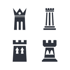 Four dark gray chess piece icons on white background king crown