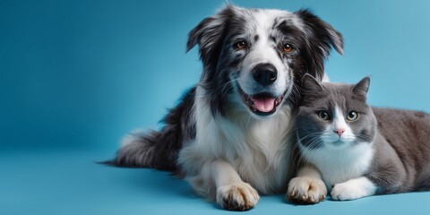 Obraz premium border collie and a cat on blue background