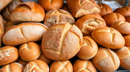 Assorted bakery products including loaves of bread and rolls