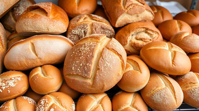 Assorted bakery products including loaves of bread and rolls