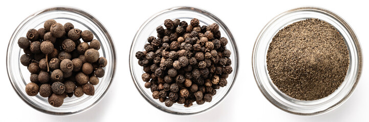 High-resolution top view of a spice set with three types of black pepper: whole black peppercorns, aromatic peppercorns, and ground black pepper in transparent bowls
