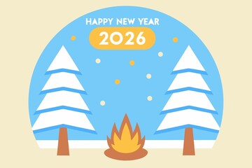 Happy New Year 2026 with Snow Covered Trees and Campfire on Blue Sky celebration holiday