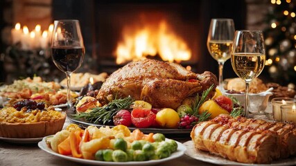 Festive holiday dinner table with roasted turkey, wine glasses, vegetables and fireplace background