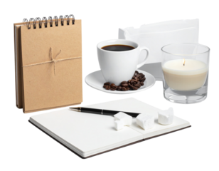 Note book and coffee on transparent