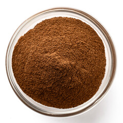 High-resolution closeup photo of ground coffee powder in a transparent glass bowl on a white background, top view.