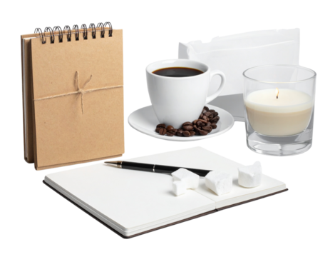 Note book and coffee on transparent