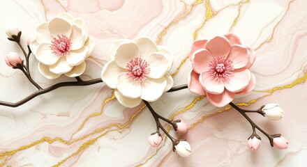 Pink and White Flowers on Marble Background blossom gold floral design art texture elegant beautiful nature spring summer bloom petals