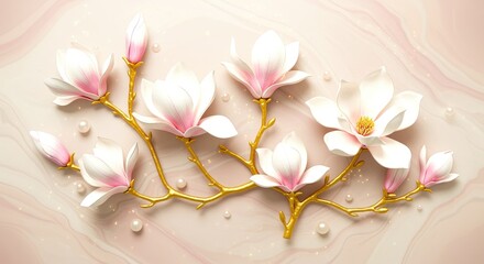 Pink and White Magnolia Blossoms with Gold Branches and Pearls flowers marble background elegant spring floral design nature beauty