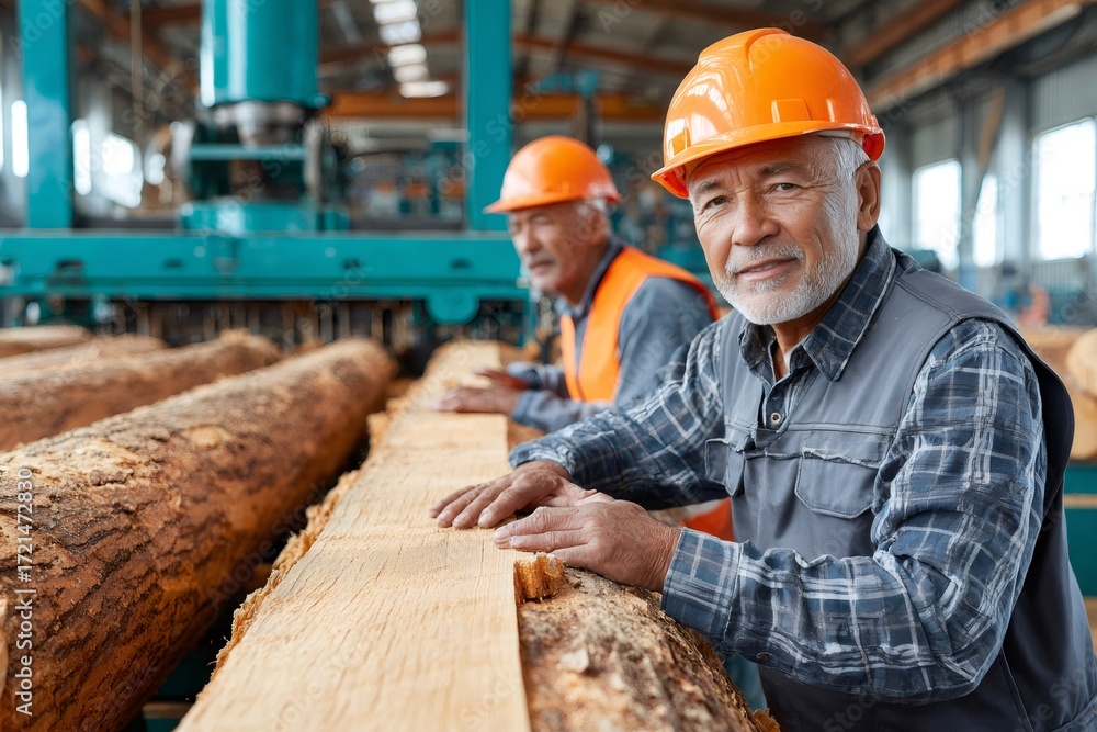 Poster experienced sawmill worker smiling while processing lumber