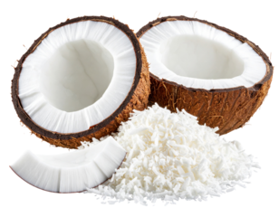 pedaços de coco quebrado e raspas de coco isolado em fundo transparente - coco quebra