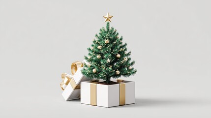 Christmas tree with golden decorations inside gift box with ribbon and bow isolated on white background